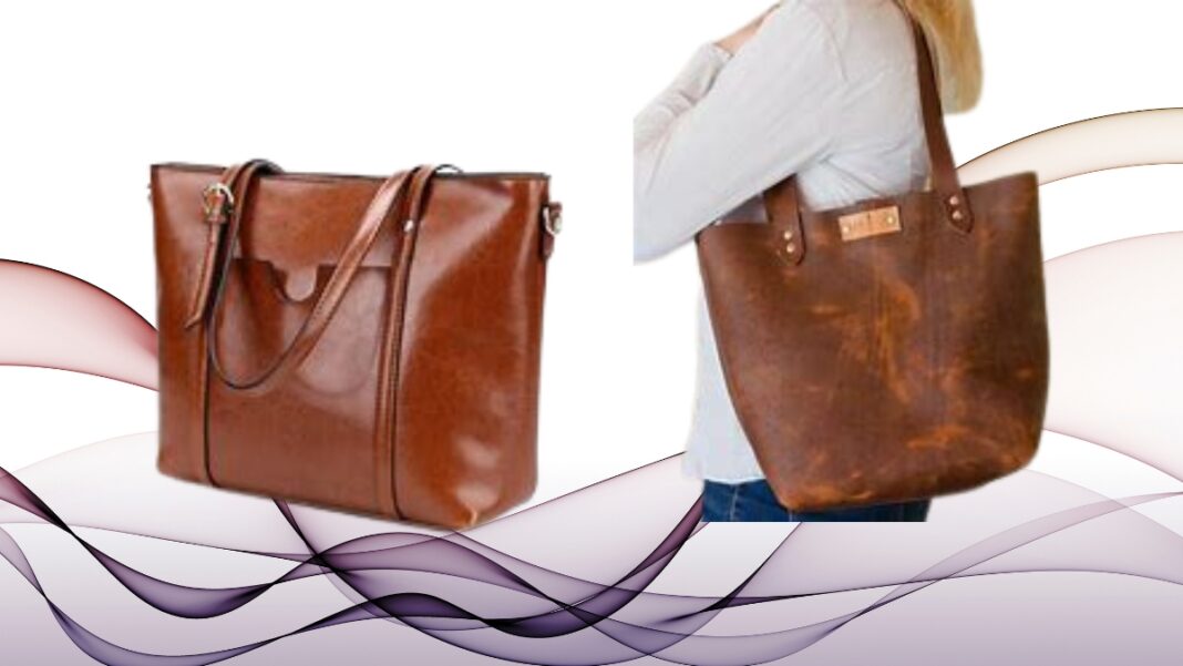 Brown leather tote bag with adjustable straps, placed on a marble surface.